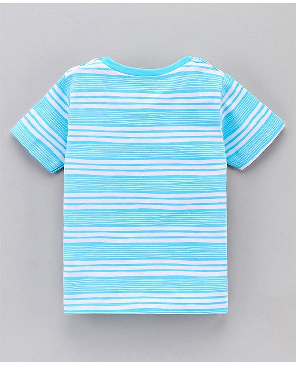 Babyhug Half Sleeves Striped Tees with Leaf Print - Blue Peach Green