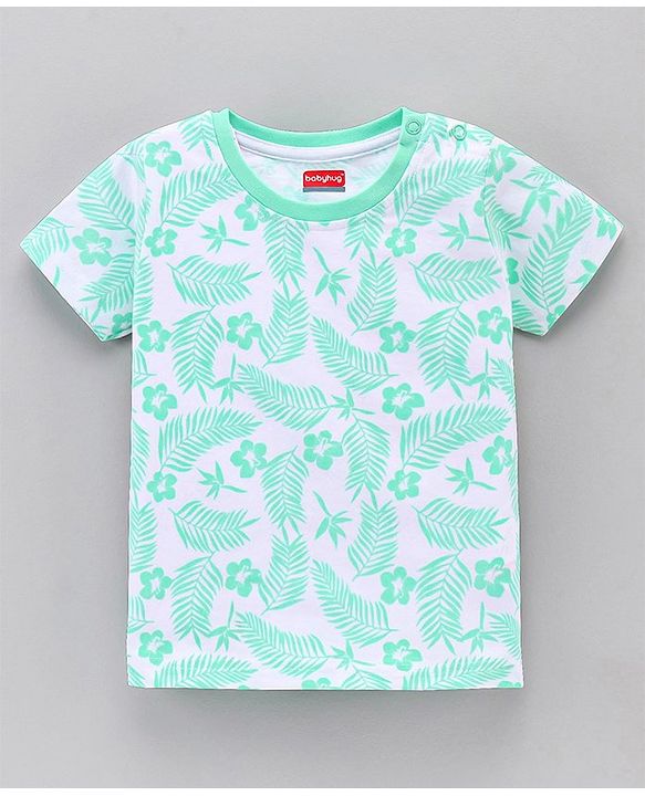 Babyhug Half Sleeves Striped Tees with Leaf Print - Blue Peach Green