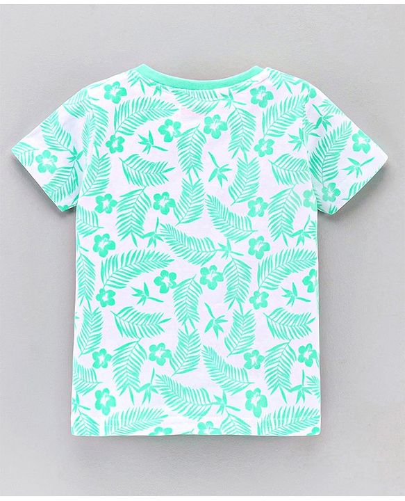 Babyhug Half Sleeves Striped Tees with Leaf Print - Blue Peach Green