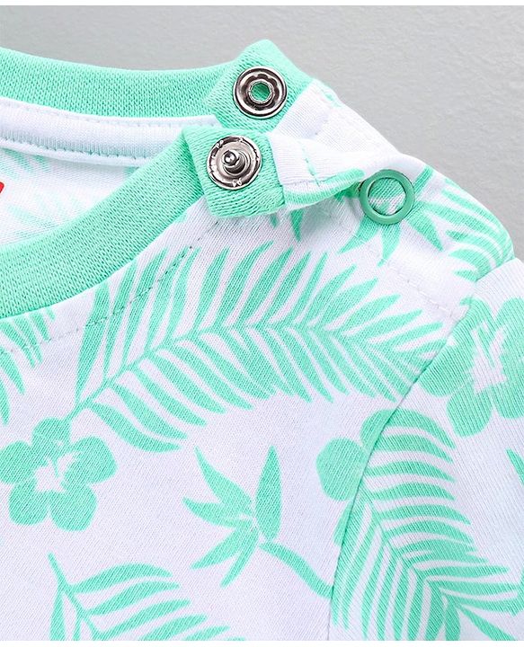 Babyhug Half Sleeves Striped Tees with Leaf Print - Blue Peach Green