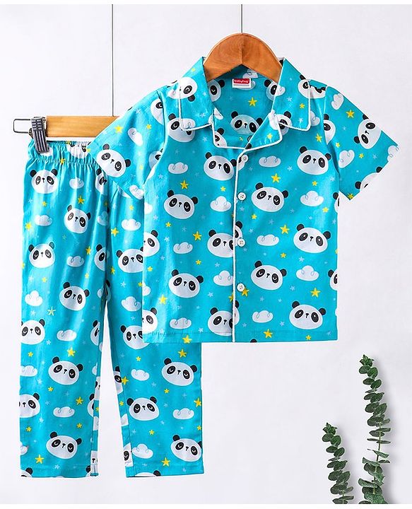 Babyhug Half Sleeves Shirt & Pyjama Set Panda Print - Blue