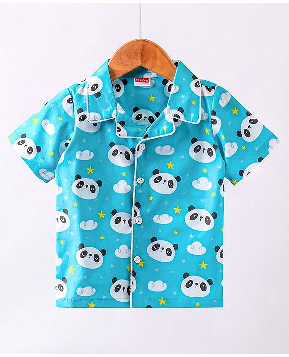 Babyhug Half Sleeves Shirt & Pyjama Set Panda Print - Blue