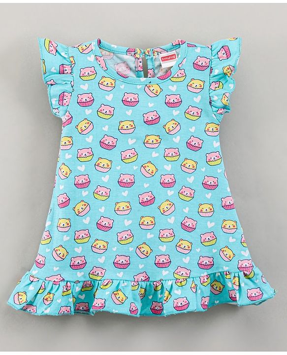 Babyhug Flutter Sleeves Nighty Cartoon Print - Blue