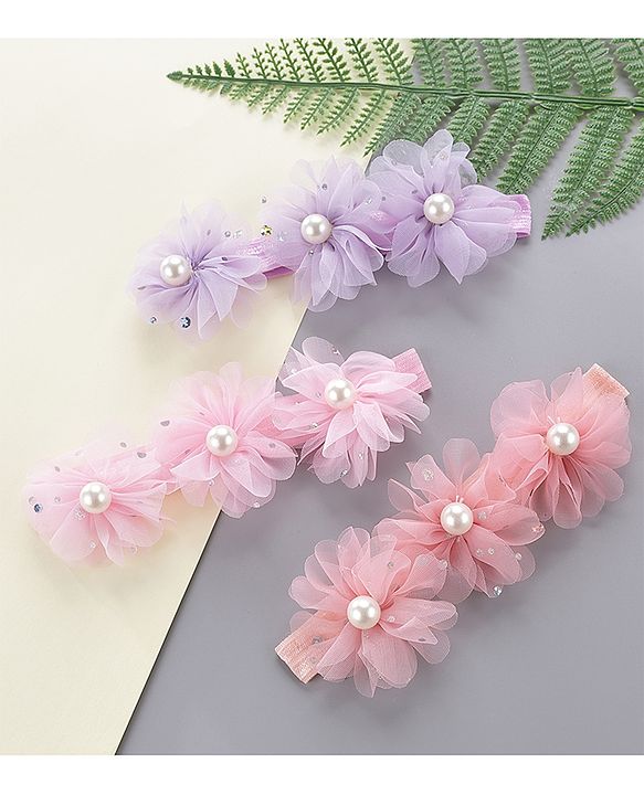 Babyhug Pearl Embellished Floral Headbands Pack Of 3 - Pink, Peach & Purple