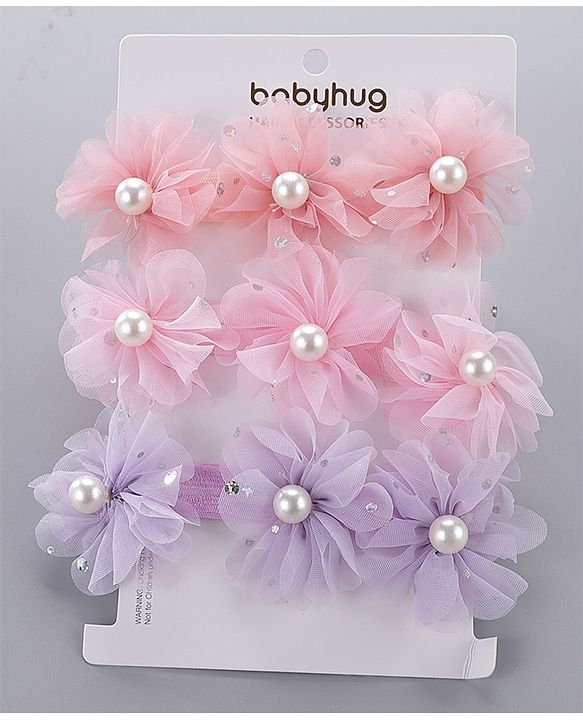 Babyhug Pearl Embellished Floral Headbands Pack Of 3 - Pink, Peach & Purple