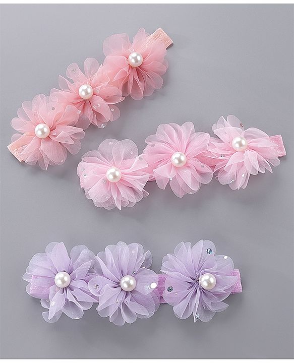 Babyhug Pearl Embellished Floral Headbands Pack Of 3 - Pink, Peach & Purple