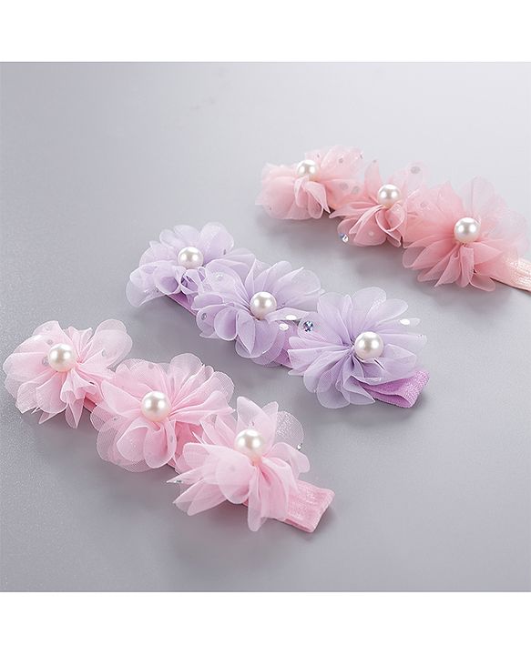 Babyhug Pearl Embellished Floral Headbands Pack Of 3 - Pink, Peach & Purple