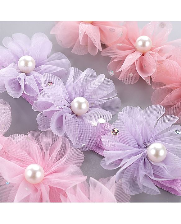 Babyhug Pearl Embellished Floral Headbands Pack Of 3 - Pink, Peach & Purple