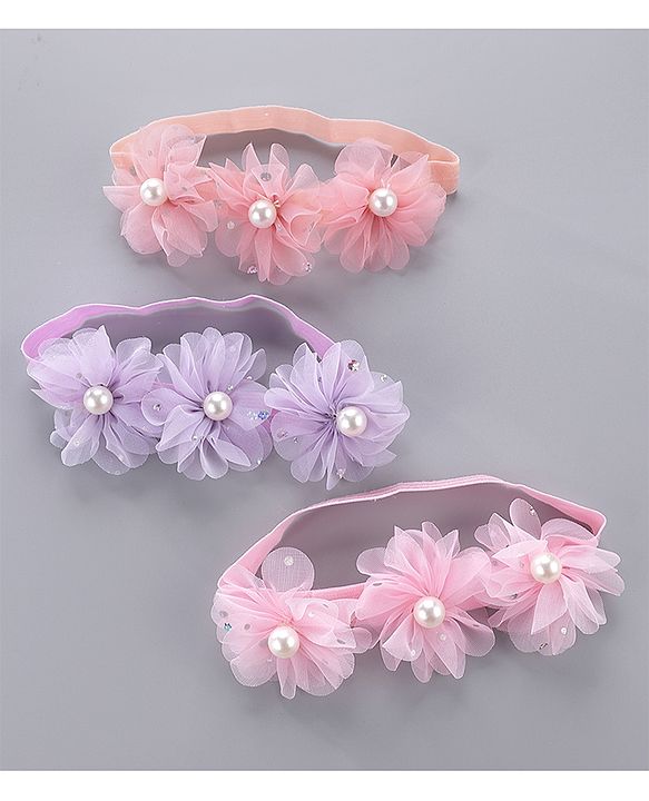 Babyhug Pearl Embellished Floral Headbands Pack Of 3 - Pink, Peach & Purple