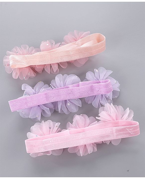 Babyhug Pearl Embellished Floral Headbands Pack Of 3 - Pink, Peach & Purple