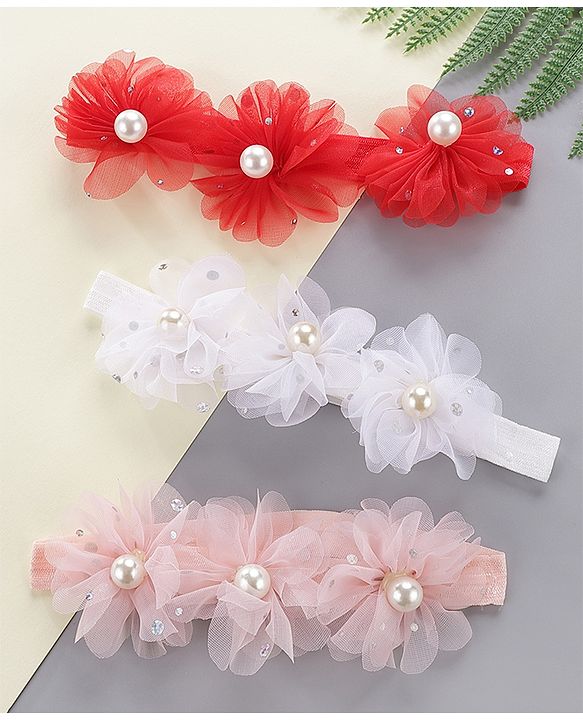 Babyhug Pearl Embellished Floral Headbands Pack Of 3 - Pink, Peach & Purple