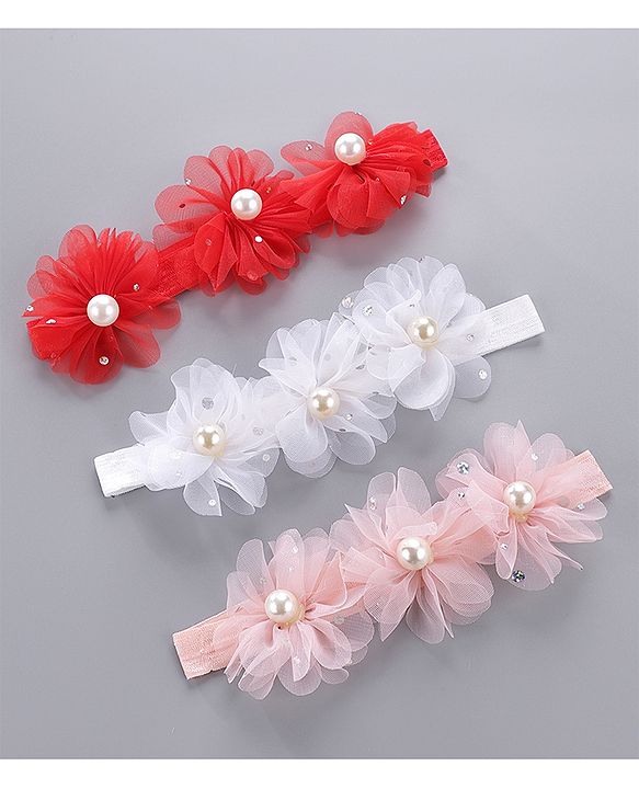 Babyhug Pearl Embellished Floral Headbands Pack Of 3 - Pink, Peach & Purple
