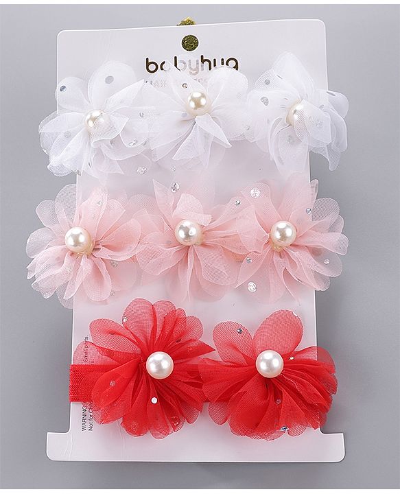 Babyhug Pearl Embellished Floral Headbands Pack Of 3 - Pink, Peach & Purple