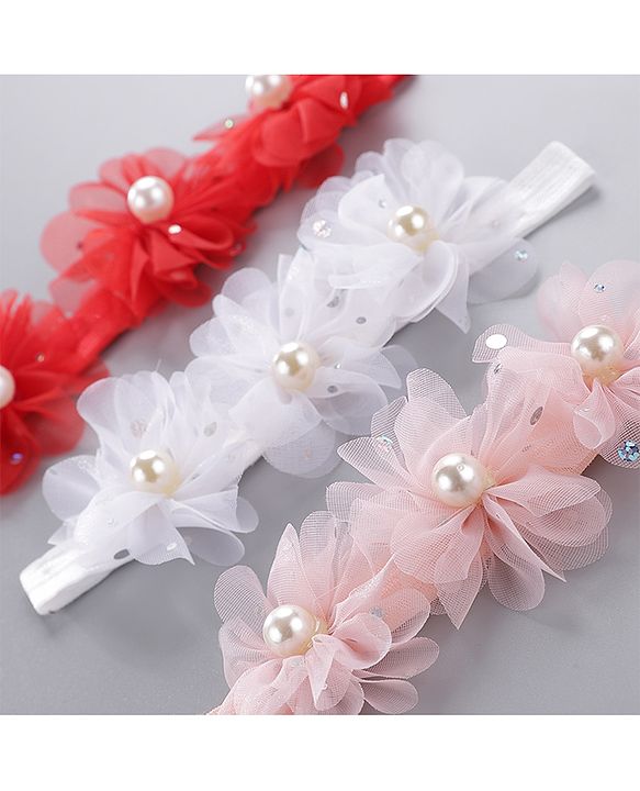Babyhug Pearl Embellished Floral Headbands Pack Of 3 - Pink, Peach & Purple