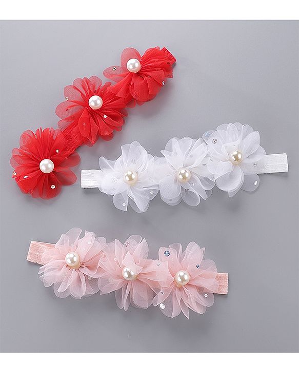 Babyhug Pearl Embellished Floral Headbands Pack Of 3 - Pink, Peach & Purple