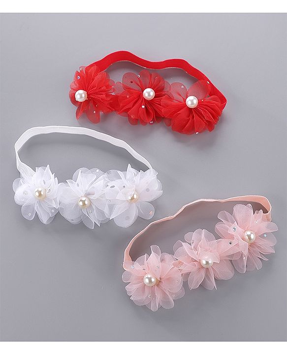 Babyhug Pearl Embellished Floral Headbands Pack Of 3 - Pink, Peach & Purple