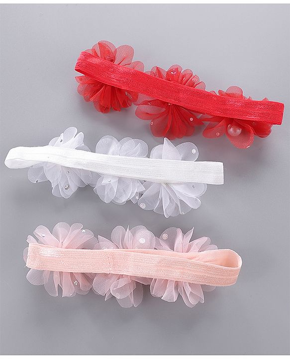 Babyhug Pearl Embellished Floral Headbands Pack Of 3 - Pink, Peach & Purple