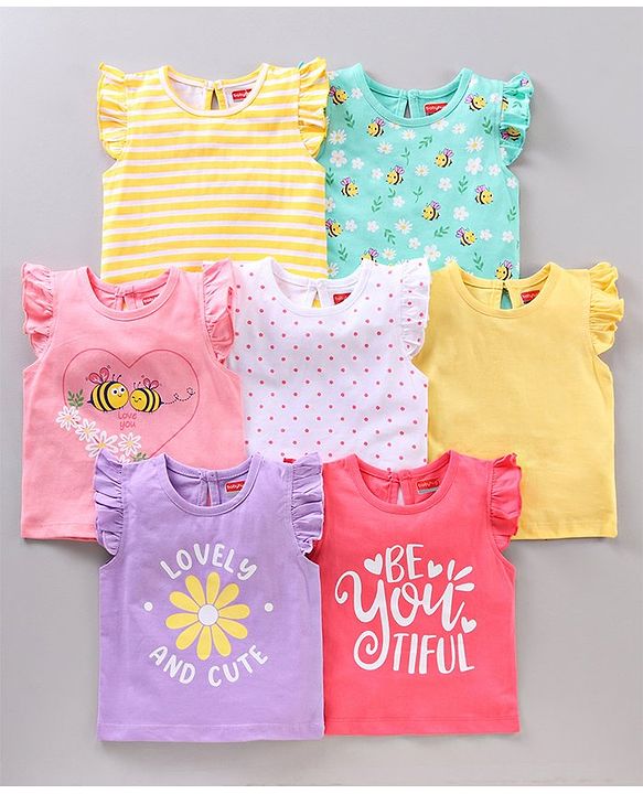 Babyhug Short Frill Sleeves Tops Striped and Text Print Pack of 7 - Multicolor