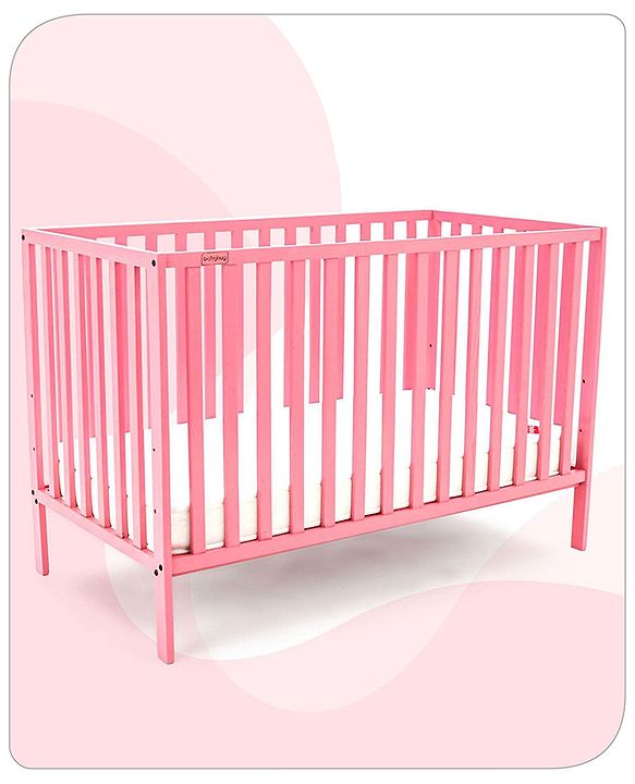 Babyhug Visby Wooden Cot with 3 Level Height Adjustment & Plug and Play Assembly - Pink| Solid Pinewood| Attach to Parents Bed