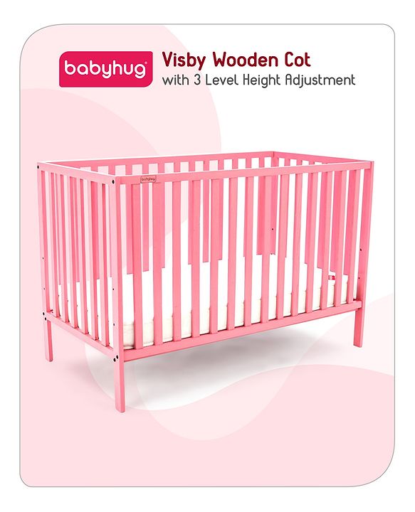 Babyhug Visby Wooden Cot with 3 Level Height Adjustment & Plug and Play Assembly - Pink| Solid Pinewood| Attach to Parents Bed