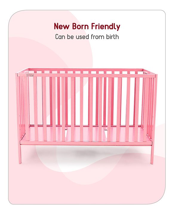 Babyhug Visby Wooden Cot with 3 Level Height Adjustment & Plug and Play Assembly - Pink| Solid Pinewood| Attach to Parents Bed