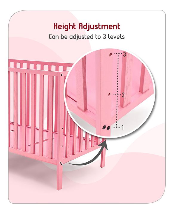 Babyhug Visby Wooden Cot with 3 Level Height Adjustment & Plug and Play Assembly - Pink| Solid Pinewood| Attach to Parents Bed