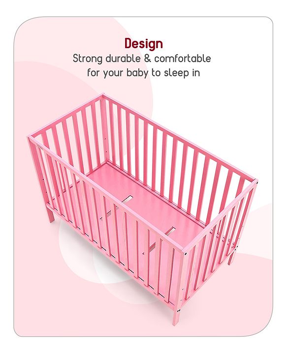 Babyhug Visby Wooden Cot with 3 Level Height Adjustment & Plug and Play Assembly - Pink| Solid Pinewood| Attach to Parents Bed