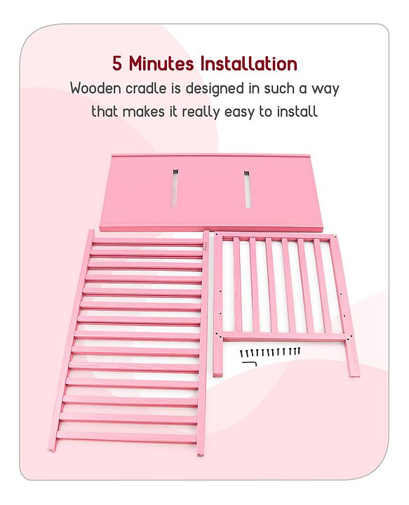 Babyhug Visby Wooden Cot with 3 Level Height Adjustment & Plug and Play Assembly - Pink| Solid Pinewood| Attach to Parents Bed