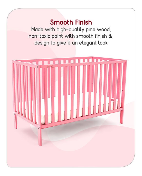 Babyhug Visby Wooden Cot with 3 Level Height Adjustment & Plug and Play Assembly - Pink| Solid Pinewood| Attach to Parents Bed