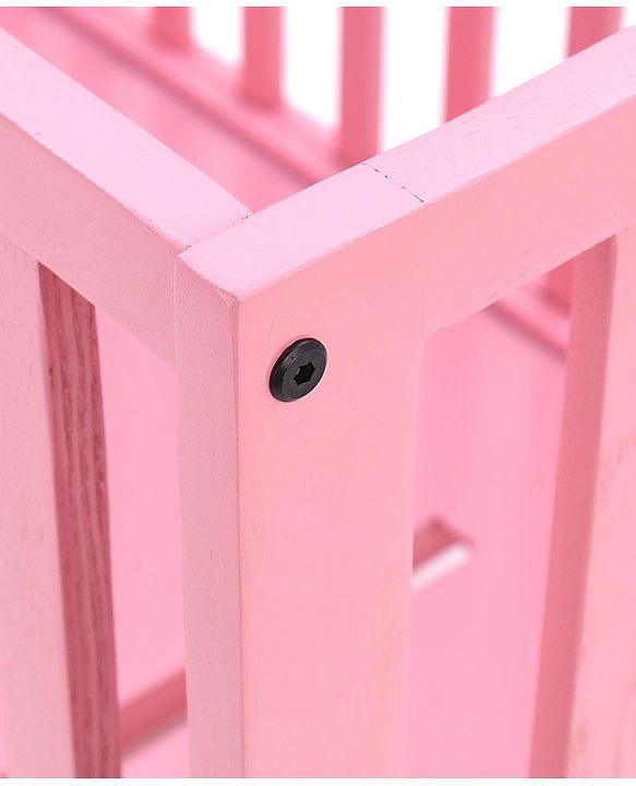 Babyhug Visby Wooden Cot with 3 Level Height Adjustment & Plug and Play Assembly - Pink| Solid Pinewood| Attach to Parents Bed
