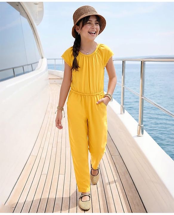 Pine Kids Short Sleeves Solid Biowashed Jumpsuit - Yellow