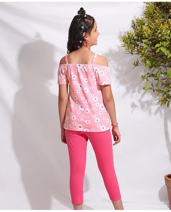 Pine Kids Biowashed Off Shoulder Sleeves Top & Legging Set Floral Print - Pink Pink