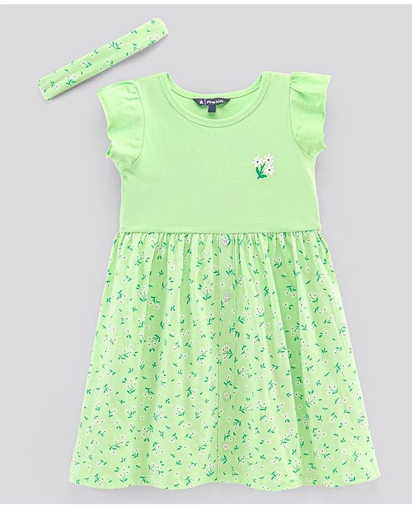 Pine Kids Half Sleeves Bio Wash Frock with Headband Floral Print- Green