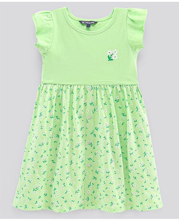 Pine Kids Half Sleeves Bio Wash Frock with Headband Floral Print- Green