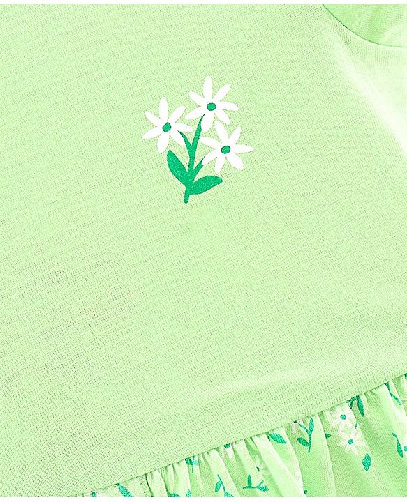 Pine Kids Half Sleeves Bio Wash Frock with Headband Floral Print- Green