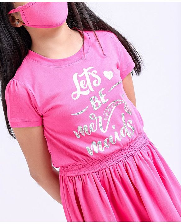 Pine Kids Half Sleeves Cotton Frock Glitter Print - Pink