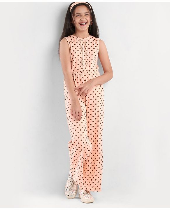 Pine Kids Sleeveless Biowashed Jumpsuit With Headband Polka Print - Peach