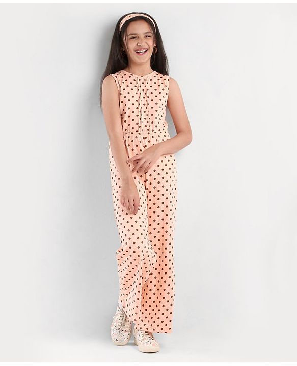Pine Kids Sleeveless Biowashed Jumpsuit With Headband Polka Print - Peach