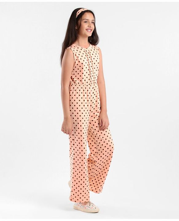 Pine Kids Sleeveless Biowashed Jumpsuit With Headband Polka Print - Peach
