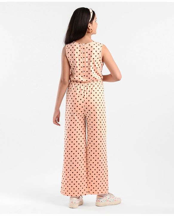 Pine Kids Sleeveless Biowashed Jumpsuit With Headband Polka Print - Peach