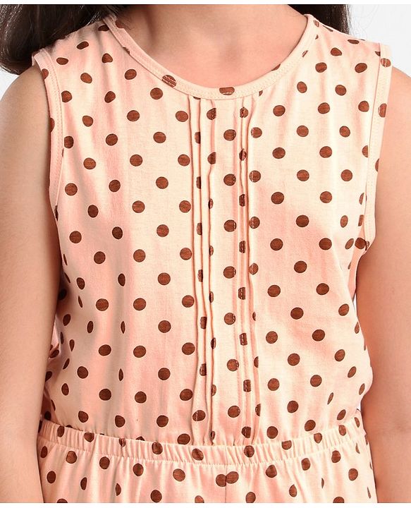 Pine Kids Sleeveless Biowashed Jumpsuit With Headband Polka Print - Peach