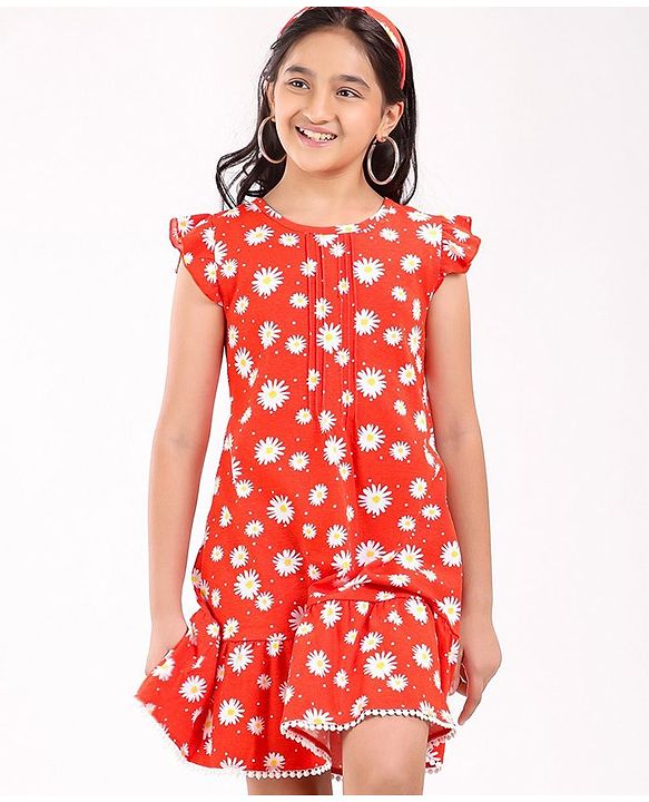 Pine Kids Cap Sleeves Cotton Frock with Headband Floral Print - Red