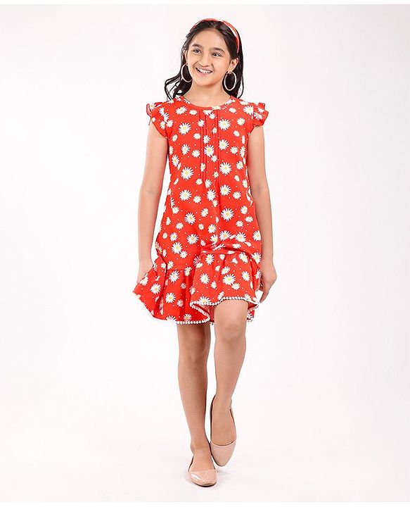 Pine Kids Cap Sleeves Cotton Frock with Headband Floral Print - Red