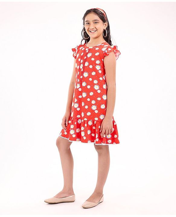 Pine Kids Cap Sleeves Cotton Frock with Headband Floral Print - Red