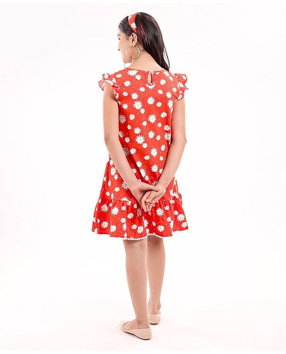 Pine Kids Cap Sleeves Cotton Frock with Headband Floral Print - Red