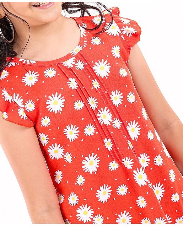 Pine Kids Cap Sleeves Cotton Frock with Headband Floral Print - Red