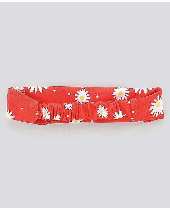 Pine Kids Cap Sleeves Cotton Frock with Headband Floral Print - Red