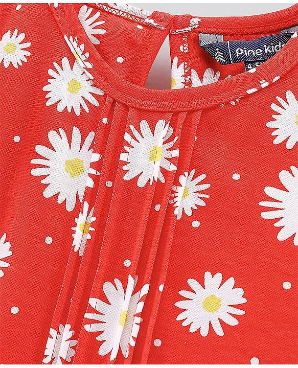 Pine Kids Cap Sleeves Cotton Frock with Headband Floral Print - Red