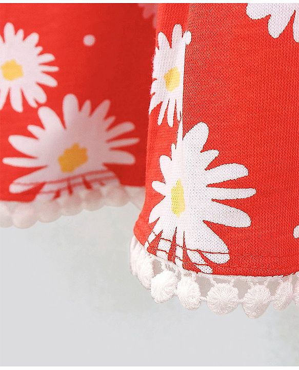 Pine Kids Cap Sleeves Cotton Frock with Headband Floral Print - Red