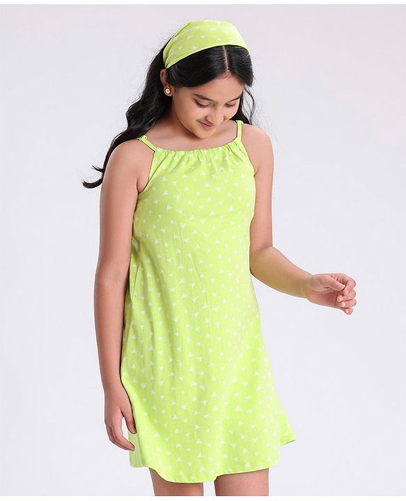 Pine Kids Sleeveless Bio Wash Frock Printed- Green